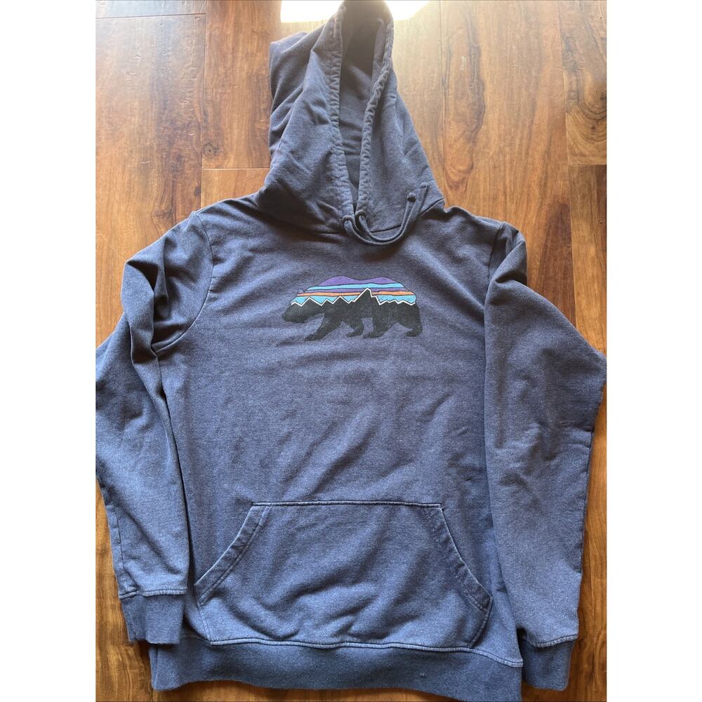 Patagonia Men's XL Blue Hoodie Sweatshirt with Bear Graphic Organic Cotton